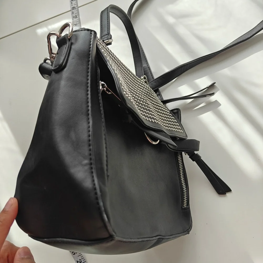 Aldo Black Studded Crossbody Bag Silver Hardware Moto Rocker Satchel Handbag